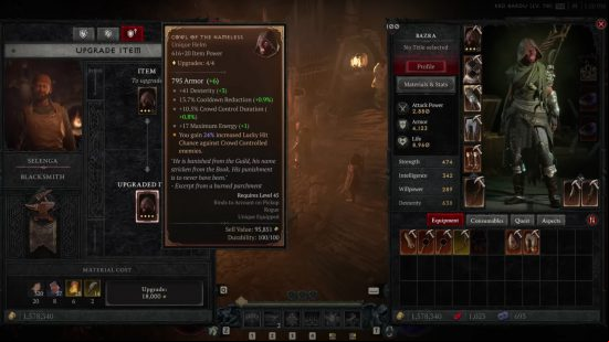 A Diablo 4 menu showing what a Blacksmith has to offer