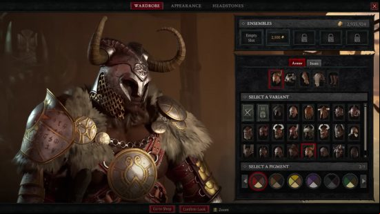 The Diablo 4 transmog menu that allows you to pick a specific piece of armor and customize it to pick your favorite pigments.