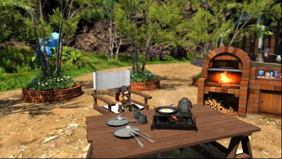 FFXIV 6.4 Live Letter 77 - A Lalafell sits outside at their Island Sancutary hideaway, having laid out the new outdoor furnishings.