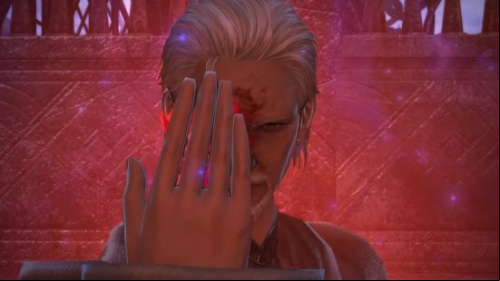 FFXIV 6.4 Live Letter 77 - Lahabrea raises one hand up to cover half of his face