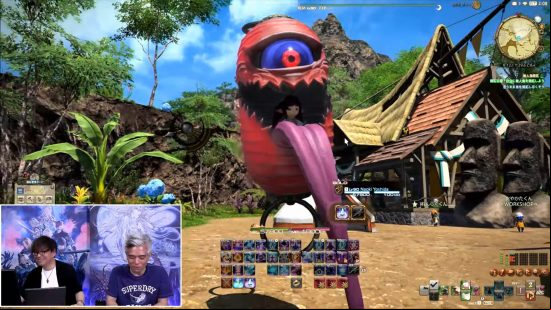 FFXIV 6.4 Live Letter 77 - Yoshida and Muroichi show off a mount of a large red demon with one eye and a long tongue; the player sits inside its open mouth.