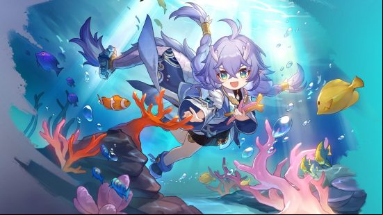 Bailu swims through blue waters, surrounded by fish and coral.