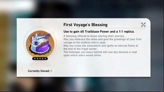 The First Voyage's Blessing Birthday Cake, as bestowed upon the player as part of the Honkai Star Rail birthdays.