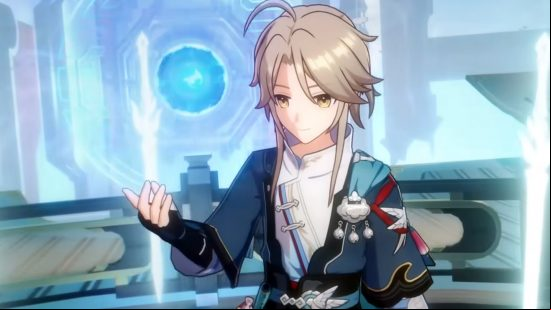 Yanqing holding his hand out stretched as he controls a bright blue sword