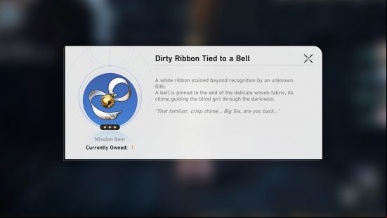Honkai Star Rail review: An item description of a dirty ribbon tied to a bell, a mission item and clear reference to FromSoftware's gothic souslike Bloodborne.
