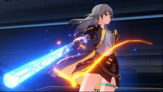 Honkai Star Rail review: The Trailblazer, Star Rail's silver-haired protagonist, stands ready with her baseball bat, which is imbued with blue light.