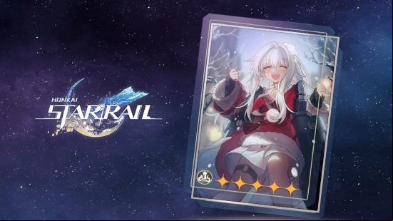A picture of a playing card with a girl with white hair playing in the snow.