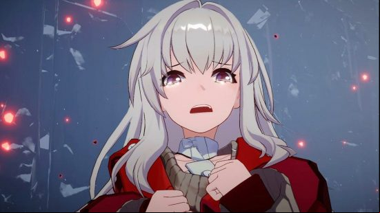 Honkai Star Rail tier list: Clara, a young girl dressed in an oversized red jacket, looks towards the viewer in horror with tears in her eyes, embers flying around her.