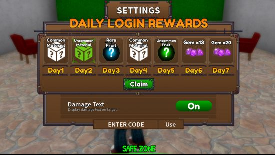 King Legacy Daily  rewards and codes menu, showing the 'enter code' box in-game.