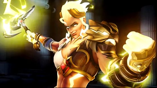 Overwatch 2 patch notes - Junker Queen in her Zeus skin, with glowing golden hair and lightning crackling from her axe