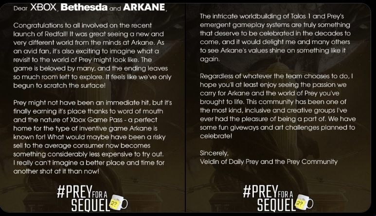 Prey players writer letter to Bethesda asking for a sequel: A letter requesting a sequel to FPS game Prey