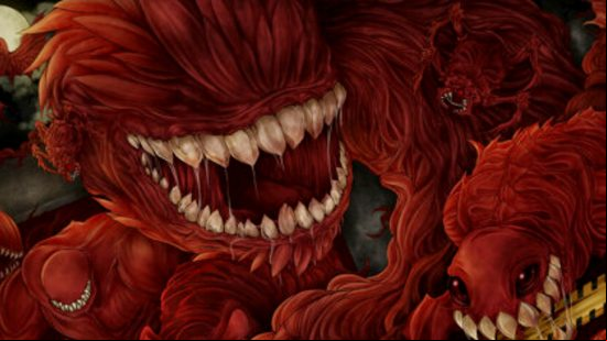 Roblox Ro Ghoul codes: A red monster with large pointy teeth snarls, drool dripping from its mouth.