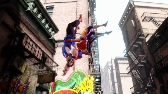 Street Fighter 6 Kimberly is in the middle of a Nue Twister, throwing her opponent to the ground.