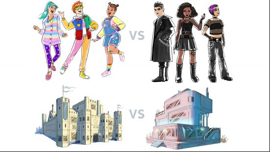 The Sims 4 vote - options for two new kits, with votes between colourful and goth fashion; and a historic castle or futuristic building.