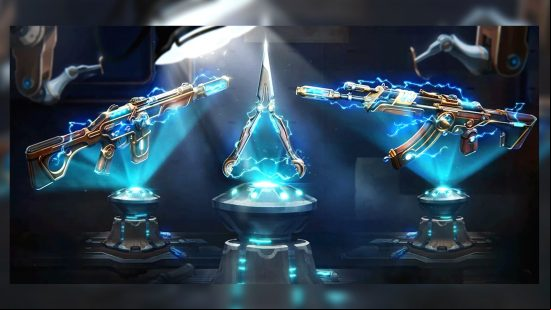 Two weapons styled with Magepunk 3.0 Valorant skins sit on plinths, facing inwards towards a Sparkswitch with the same skin.