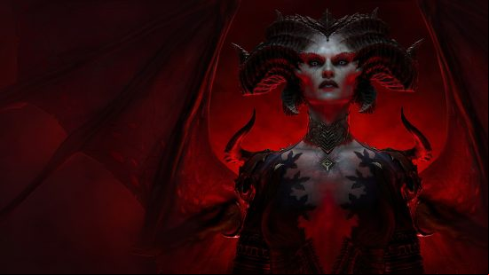 Diablo 4 Lilith stands against a bold dark background 