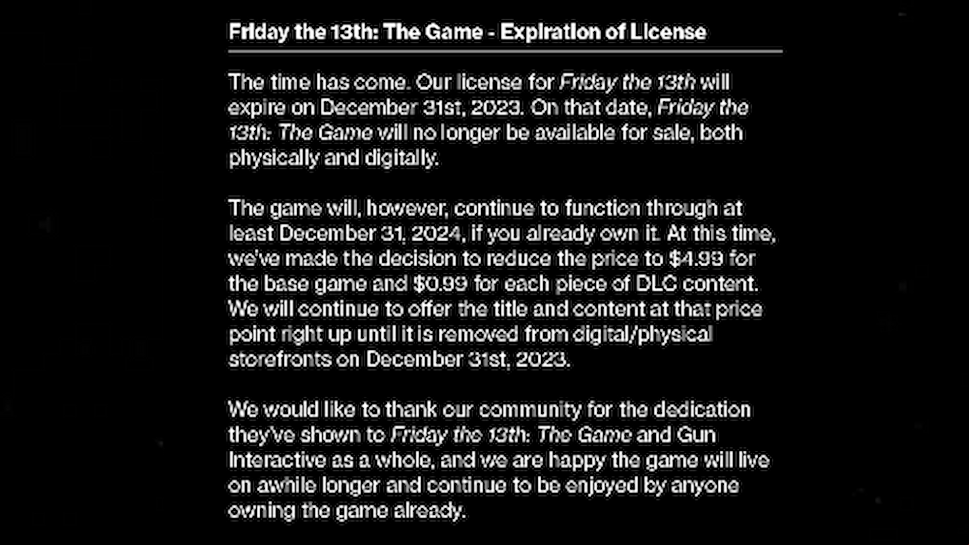 A screenshot of the message posted by Friday the 13th developers to Twitter