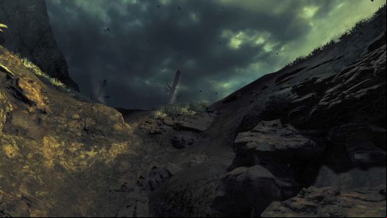 The final shot of two of the Amnesia The Bunker endings, showing flashlight beams directed towards the crater that Henri has fallen into.