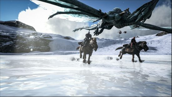 A dinosaur flies above two mounted people in Ark servers