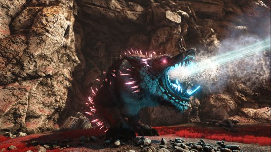 Ark servers: A blue and purple dino shoots a bright laser from its mouth