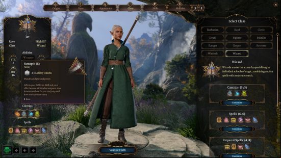 Player is checking the High Elf Wizard's strength stat, one of the Baldur's Gate 3 abilities, which is at eight, giving her a penalty to her strength checks. 