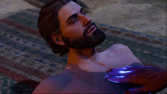 Baldur's Gate 3 sex: a half naked man, and a hand stroking his chest.