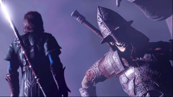 Baldur's Gate 3 status effects: A large skeletal figure looms over a character.