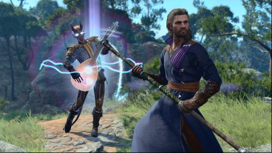 Baldur's Gate 3 status effects: A tiefling bard plays a lute, and a colorful light surrounds him and his eyes glow.