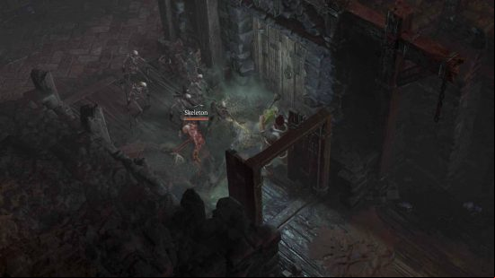 A Druid is fighting skeletons in a dungeon, using the best Diablo 4 Druid build.