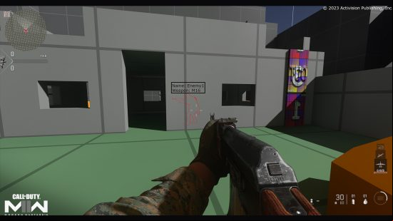 Call of Duty Modern Warfare 2 anticheat - a player sees another through a wall using hacks. and their name and weapon is listed on-screen (image mocked up by Activision).