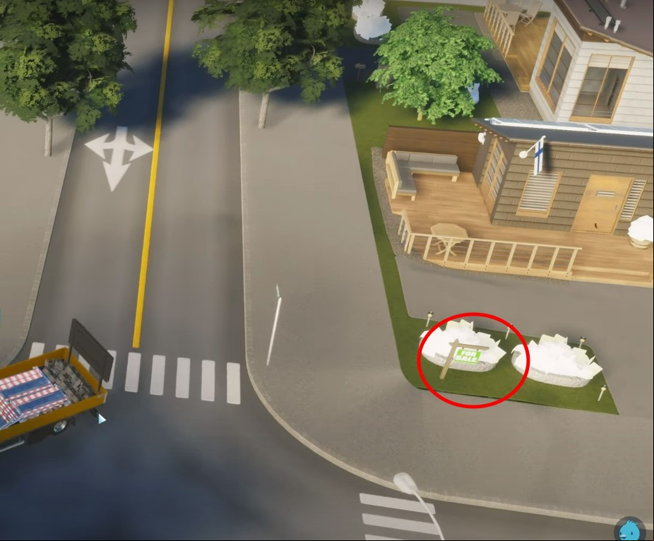 Cities Skylines 2 abandoned houses: A house in city-building game Cities Skylines 2 with a small 'for sale' sign outside