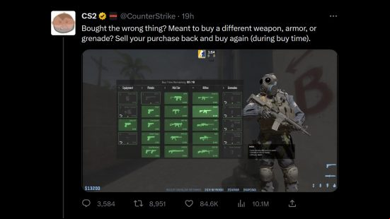 Tweet from the CounterStrike : "Bought the wrong thing? Meant to buy a different weapon, armor, or grenade? Sell your purchase back and buy again (during buy time)."