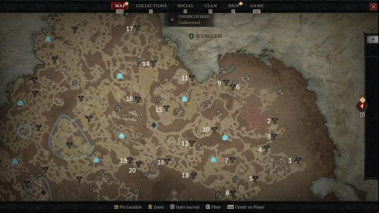 Diablo 4 altar of lilith locations in Scosglen numbered