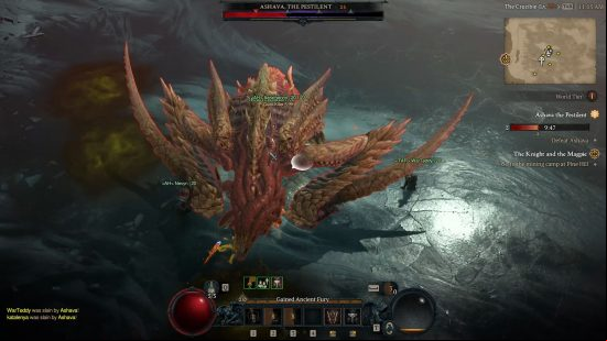 The Diablo 4 Ashava battle rages on across the ice of The Crucible, with the demonic world boss taking front and center as she vomits up poison and dwarfs the group of players surrounding her.