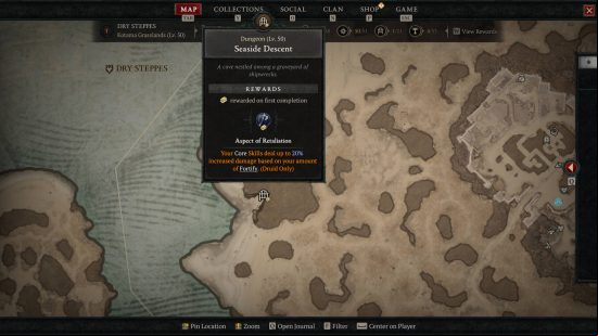 A view of one of the dungeons and the entry of the Codex of Power it unlocks to give you new Diablo 4 aspects.