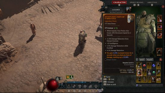 A Diablo 4 legendary item with an Aspect. This is one where the Druid gets increased armor for four seconds whenever they deal any form of damage.