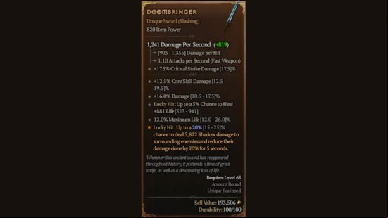 Diablo 4 doombringer stats page