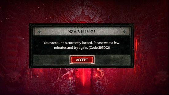 The official in-game tooltip for Diablo 4 error code 395002, explaining that your  is currently locked.