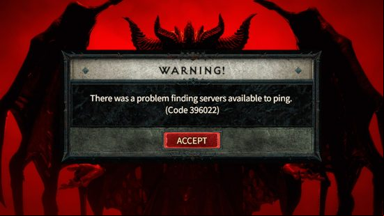 The Diablo 4 error code 396022 tooltip describing the server ping failure.