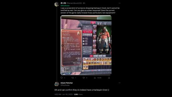 Diablo 4 Harlequin Crest - Tweet showing a Korean screenshot of a Druid wearing the unique item, reading: "I saw a screenshot of someone dropping Harlequin Crest, but it cannot be certified as real. Can you give us a clear response? Does the current version of the game really include these particularly rare equipment