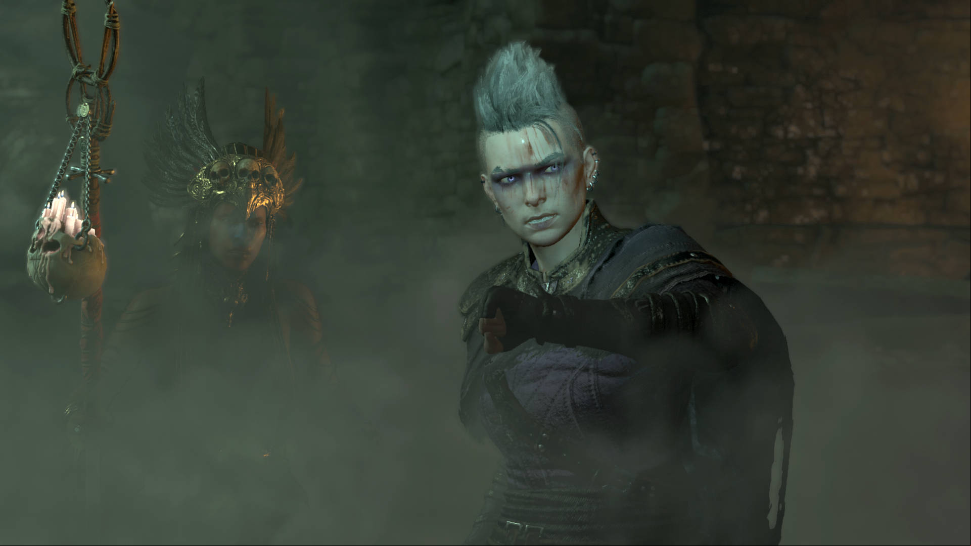 Diablo 4 Harlequin Crest: two sorceresses are trying to see through some smoke.
