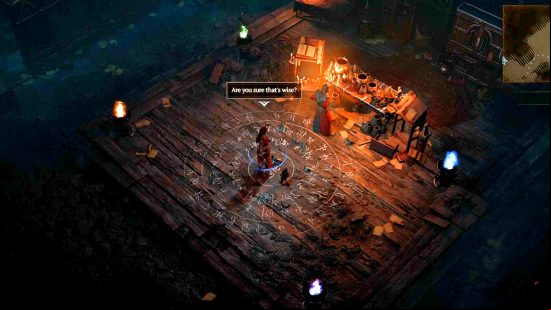 To unlock Diablo 4 sorcerer enchantments, you must complete the Legacy of the Magi quest, part of which is shown in the image, as the player character asks Mordarin is what he's about to do is wise.