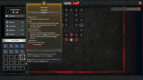 The Diablo 4 Paragon board showing the rare Glyph Control Level 0, complete with its stats.