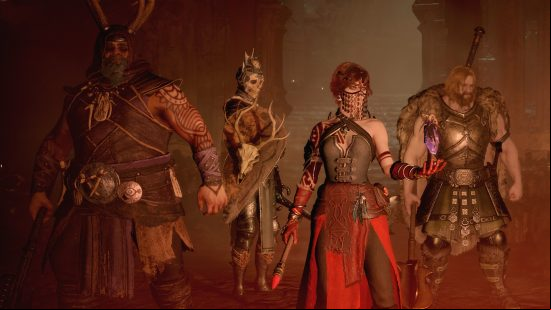 Diablo 4 party scaling: A party of four players stand together in the lobby.