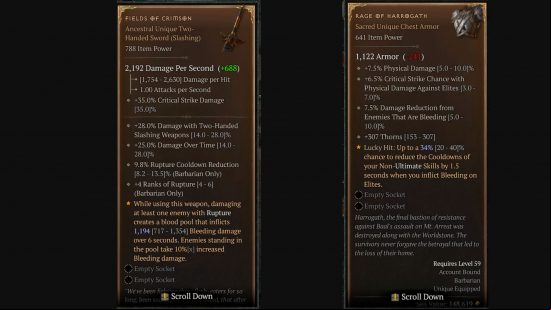 Diablo 4 uniques contain the ancestral and sacred items Fields of Crimson and Rage of Harrogath