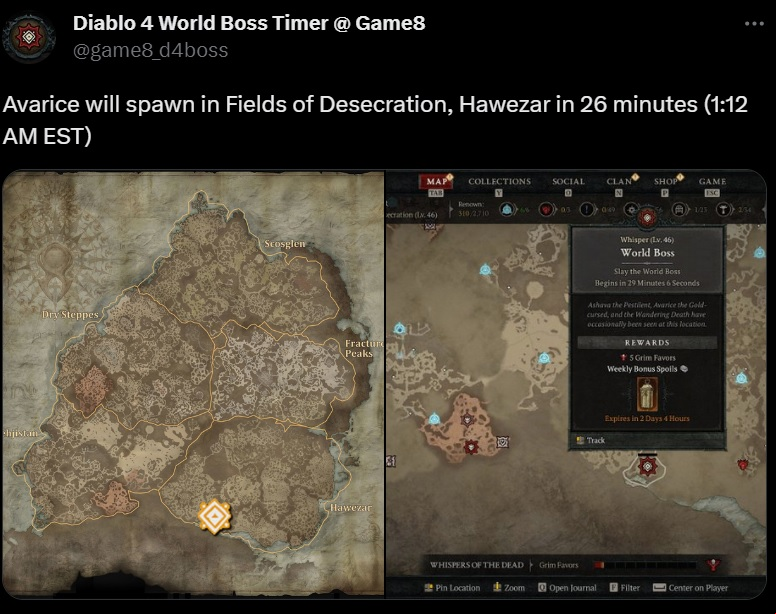 Diablo 4 world boss Twitter: An image from Diablo 4 World Boss Timer, showing spawns for Ashava in the Blizzard RPG game