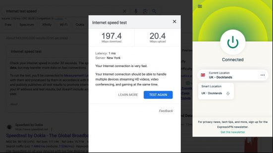 Screenshots of ExpressVPN and internet speed
