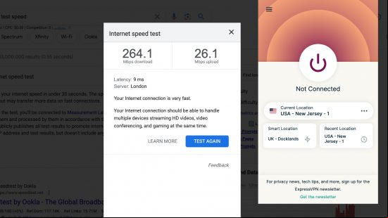 Screenshots of ExpressVPN and internet speed