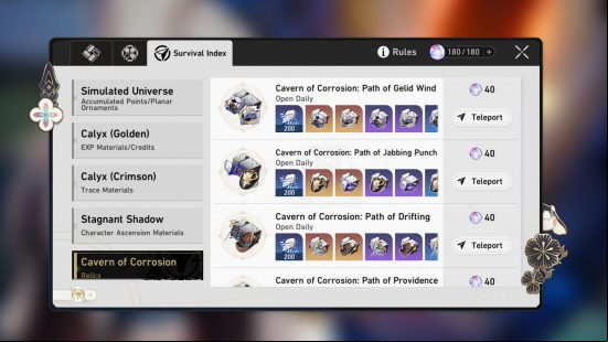 The Survival Index displaying each Cavern of Corrosion and their list of Honkai Star Rail relics as potential rewards, alongside the Trailblaze Power cost.