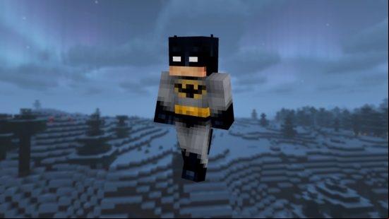 Best Minecraft skins: A cool grey and black batman minecraft skin with a mask and white eyes.